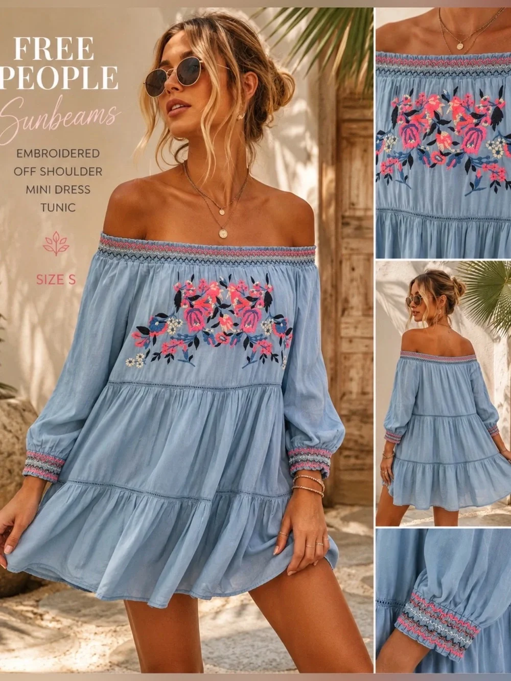 Free People Light Blue Embroidered Off-Shoulder Tunic Dress